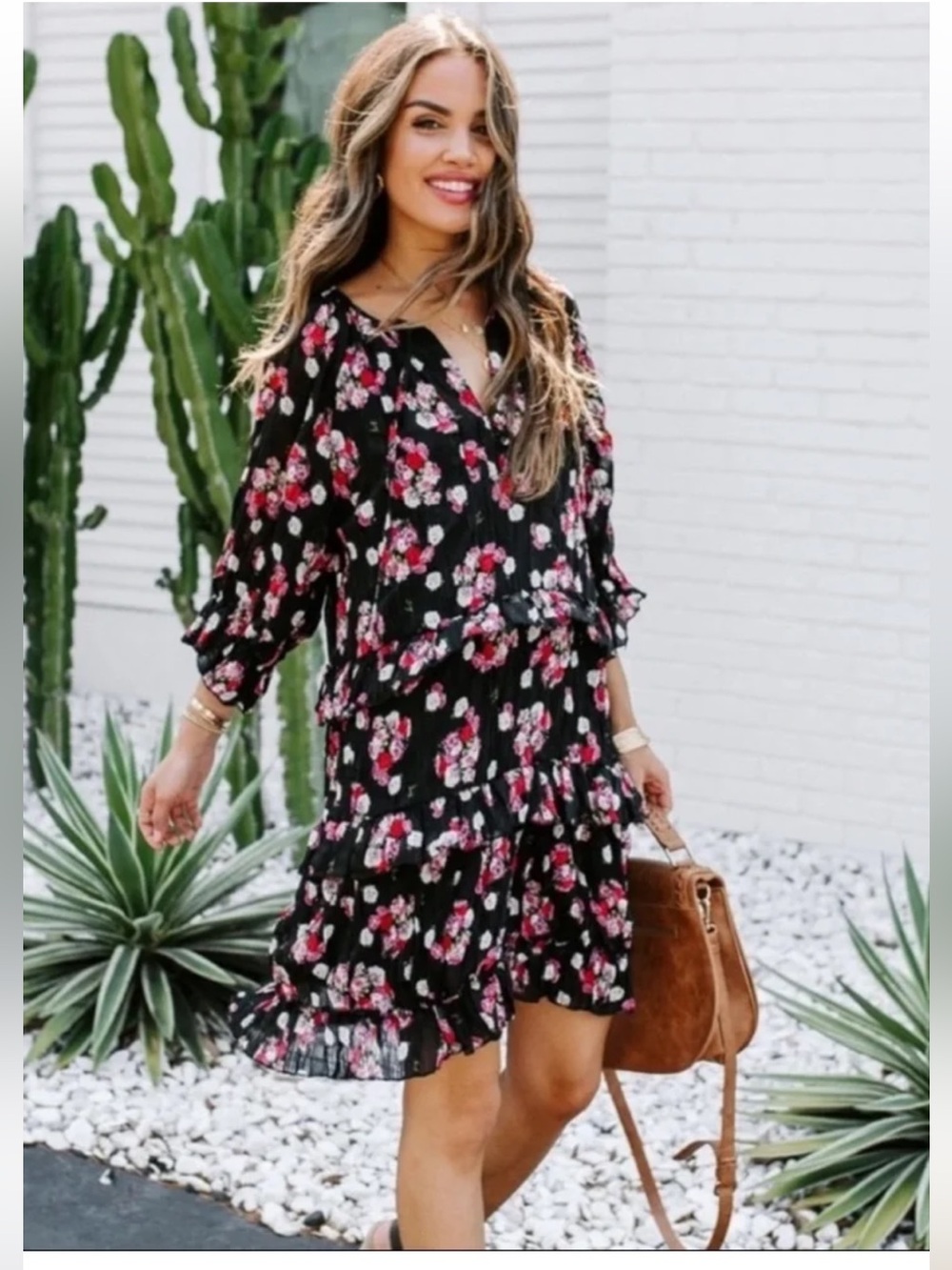 VICI Love You Bunches Black Floral Ruffle Tiered Mini Dress Sheer Sleeve Large